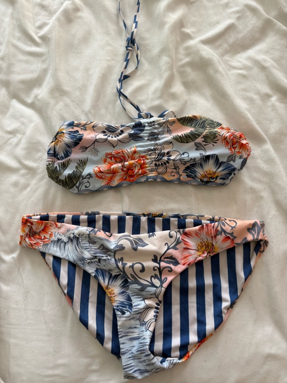 Agua Bendita Floral Bandeau Bikini in Navy Blue, Pink, White